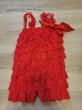 Girl's Red Lace Tiered Ruffle Romper with Bow